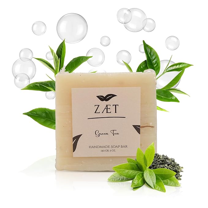 ZÆT Green Tea Soap Bar, 8 Pack Natural Handmade Bar Soap with Olive, Almond & Coconut Oil, Exfoliating Soap Bar for Hands & Body, Gentle Non Toxic Bath Soap for All Skin Types, 140g Each