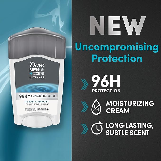 DOVE MEN + CARE Clinical Protection Antiperspirant Clean Comfort Stick for Men 96-Hour Sweat and Odor Protection Clinical Strength Antiperspirant with 1/4 Moisturizing Cream 1.7 oz