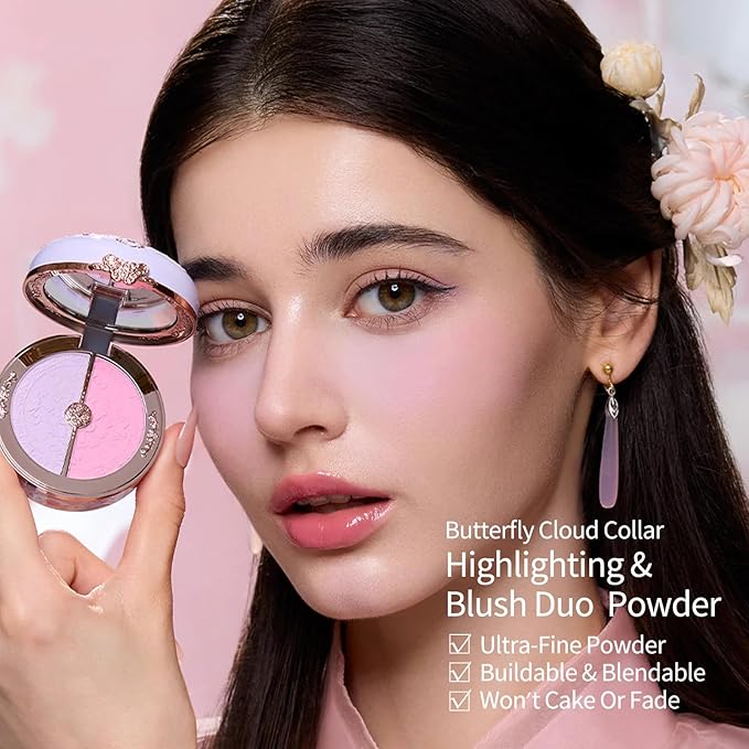 Flower Knows Butterfly Cloud Collar Rouge Box Highlighting & Blush Duo Powder,Purple+Berry Two Tone Matte Blush for Cheeks Bulidable & Blendable,0.21 Oz(04 Fluttering Romance)