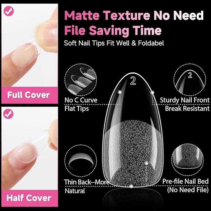 UNA GELLA Medium Almond Nail Tips, 312pcs Gel Nail Tips Almond Shape Pre Etched Full Cover Clear Fake Acrylic Pointed Press On Nails No C Curve for Nails Extension Art DIY Salon 12 Sizes