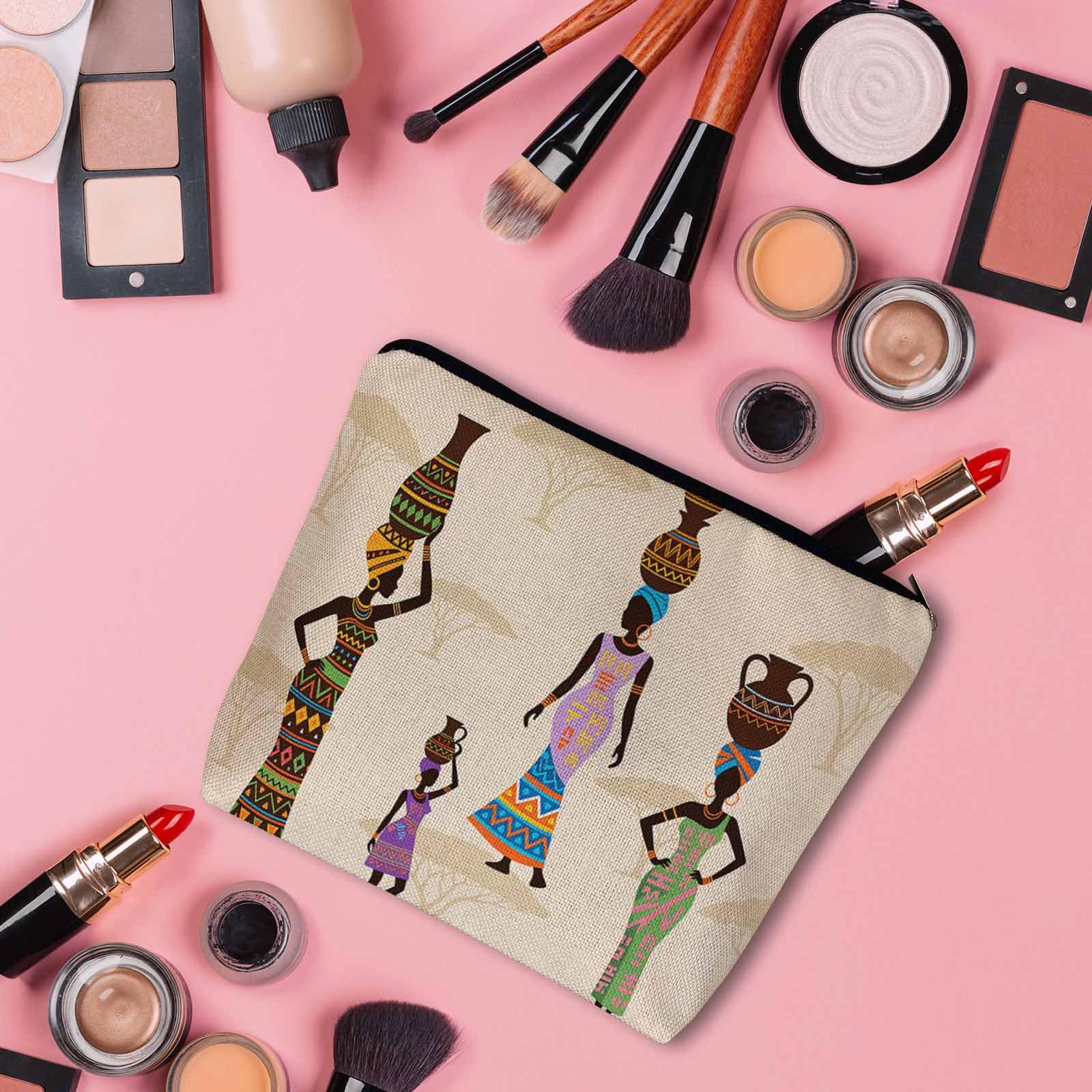 Kalygon African Woman Makeup Bags Makeup Organizer, Black African Women With Vases Flax Toiletry Bags Travel Cosmetic Bag Makeup Purse Pouch Skincare Bag Wallet Bags For Women Female Mom Daughter