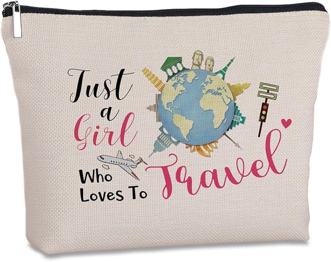 Yegifeyct Travel Lover Gifts Zipper Makeup Bag Travel Cosmetic Bag Just a Girl Who Loves to Travel Unique Birthday Gifts for Women Girl Best Friends Sister