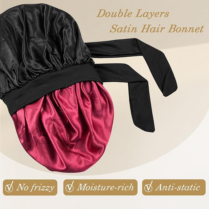YOHTAS Satin Hair Bonnet for Sleeping Women, Double Layer Silk Bonnets for Women with Tie Band, for Braids Curly Long Hair