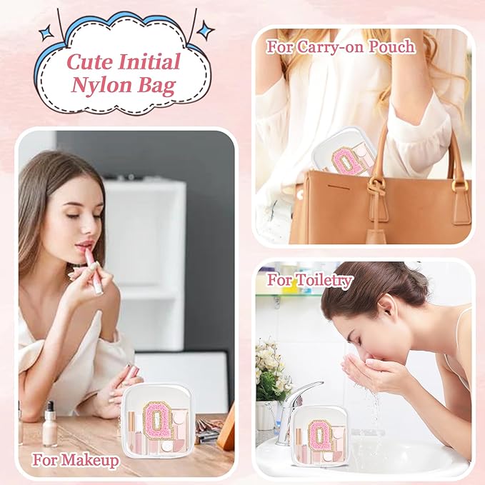 Mini Clear Personalized Initial Makeup Bag,Small Nylon Waterproof Zip Beach Cosmetic Pouch,Preppy A-Z Chenille Letter Patch Cute Coin Purse Travel Toiletry Bag Car Pack Bag for Women(White-Pink Q)