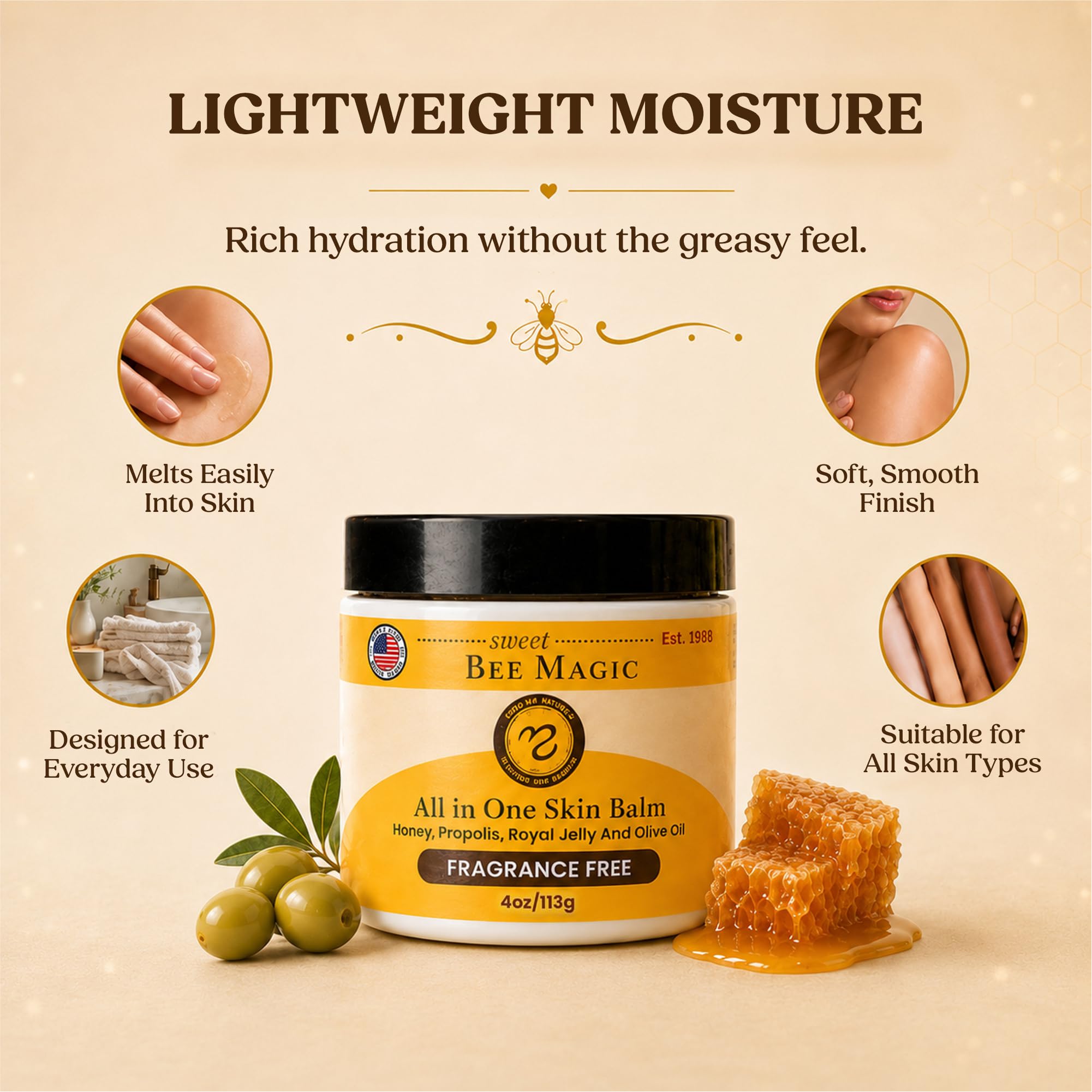 Sweet Bee Magic Organic Honey Bee Balm for Face, Skin & Body - All in One Honey Balm - Beeswax Body Moisturizer - All Natural Aid - 1 jar (4oz)