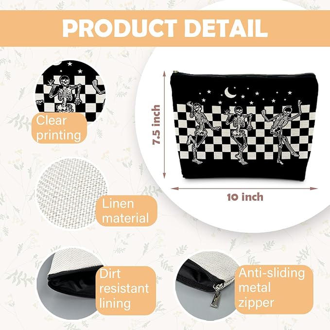 RYYCDOI Goth Spooky Gifts for Women, Gothic Horror Skeleton Black Makeup Bag Cosmetic Pouch