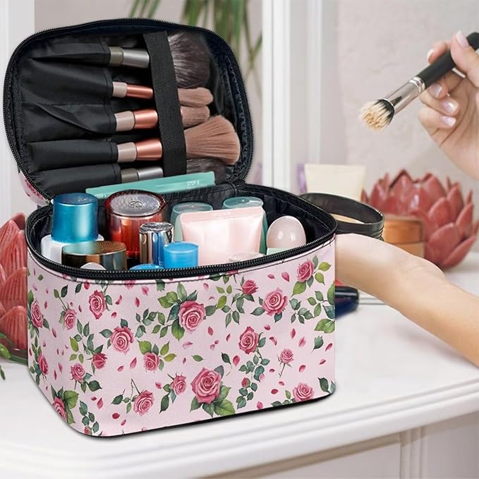 Drydeepin Rose Hearts Valentine's Day Print Travel Makeup Bags for Women Portable Tote Cosmetic Case with Carry Handle Toiletry Accessories Storage Organizer Bags