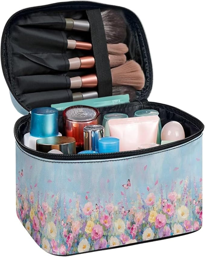 Drydeepin Butterfly Vibrant Rose Floral Print Travel Makeup Bags for Women Portable Tote Cosmetic Case with Carry Handle Toiletry Accessories Storage Organizer Bags