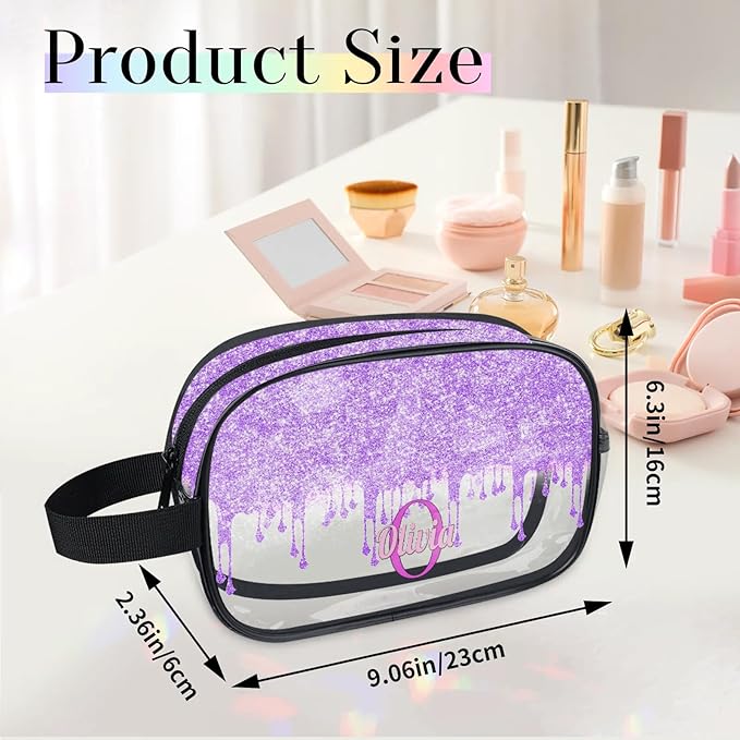 KFNHN Personalized Travel Cosmetic Bag Waterproof Makeup Bags, Custom Name Clear PVC Organizer Case Toiletries Container Bag, Romantic Purple Curtain Glittering