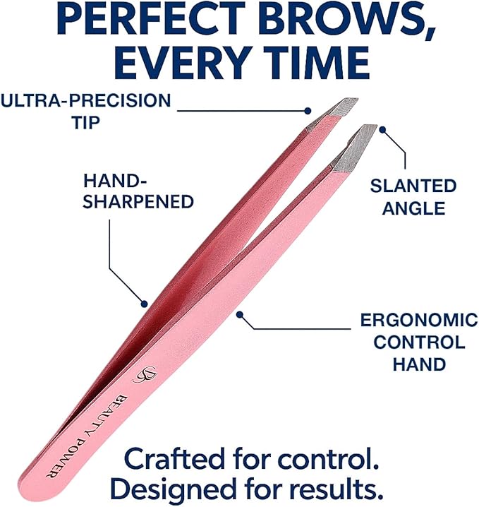 Beauty Power Tweezers for Women Facial Hair: Ultra Precision Tweezers for Women & Men, Sharp Slant Tweezer for Eyebrows, Ingrown Hair Removal. Professional Plucker, German Stainless Steel (Pink)