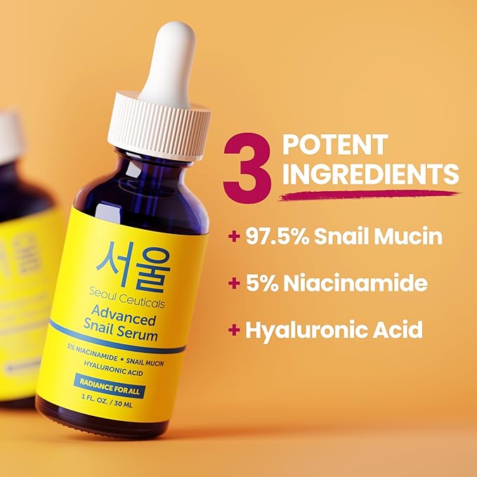 SeoulCeuticals Korean 5% Niacinamide + Snail Mucin 97.5% Essence Serum + Hyaluronic Acid, Cruelty Free Korean Skin Care, Natural & Organic Anti Aging Face Serum for Dull Skin, K Beauty 1oz