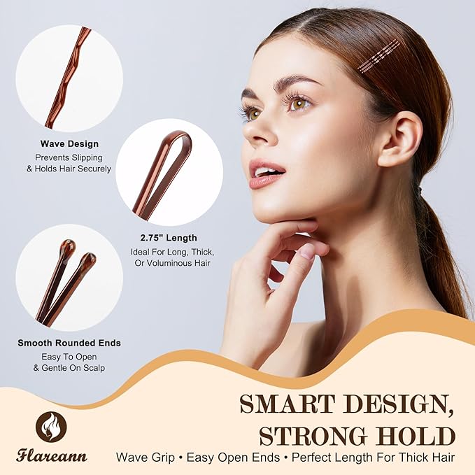 FLAREANN Brown Bobby Pins Set with U Shape Pins, Spiral Pin & Snap Clips