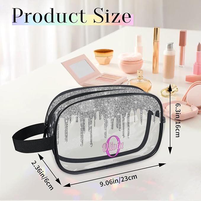 KFNHN Custom Name Makeup Bag Travel Bag, Clear Toiletry Bag Travel Large Capacity Cosmetic Container Organizer for Shampoo, Shiny Stars Water Fluid Shape Silver Glittering