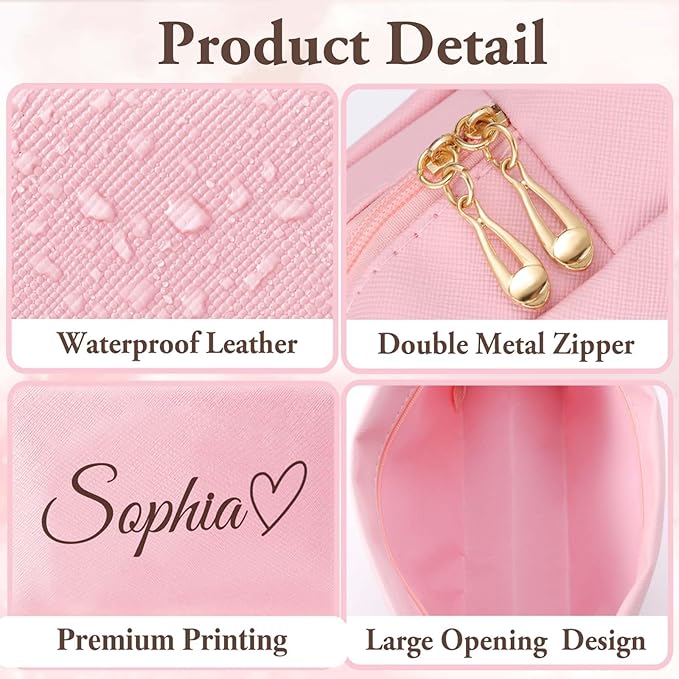 Fincekoom Personalized Makeup Bag with Name & Birth Flower, Custom Leather Cosmetic Bags for Women, Customized Travel Toiletry Bag Gifts for Bridesmaid Wedding