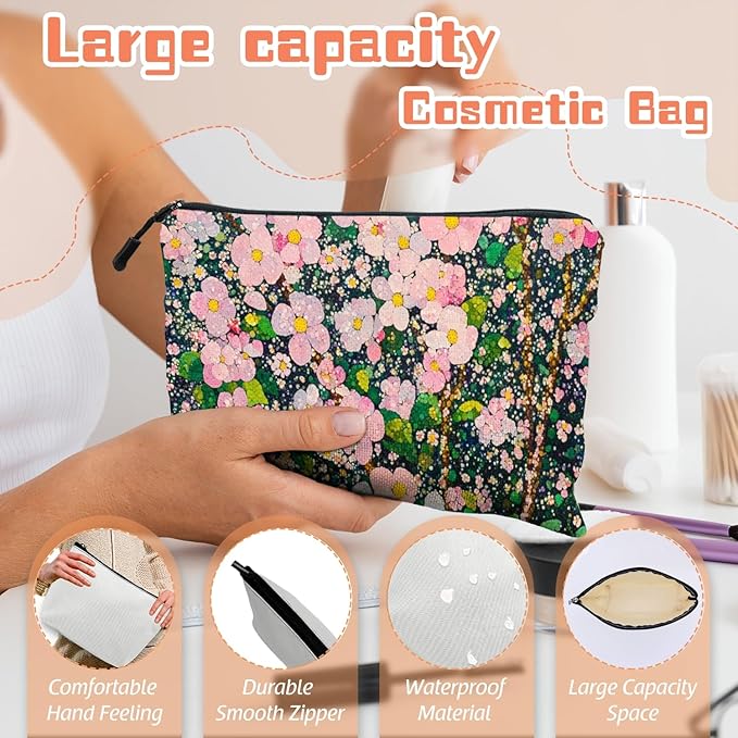 Scribesense Cosmetic Bags Travel Makeup Toilet Case Waterproof Pouch for Women Girls 6.7X9.45inches - Lovely Pink - Bloom Tapestry