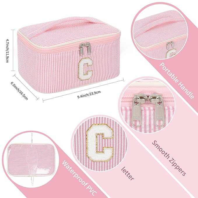 OCHEAL Makeup Bag for Women, Monogram Cosmetic Bag Pink Travel Makeup Case Beauty Toiletry Bag Organizer Personalized Gifts for Girls Bridesmaid, Sister, Wife, Friends Initial C