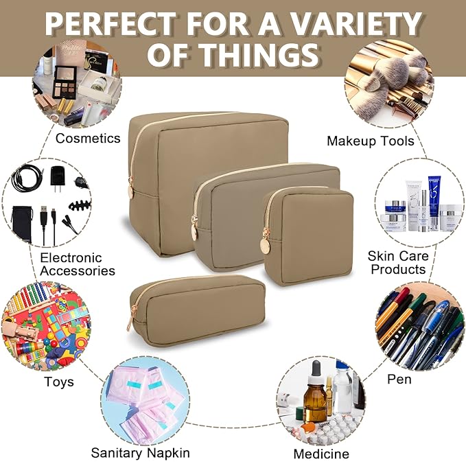 UIXIZQ Small Makeup Bag Pouch for Purse, Nylon Travel Toiletry Storage Bag Cute Preppy Cosmetic Bag for Women Girls, Waterproof Makeup Organizer Bag Pouch Skincare Bag Purse with Zipper (Small-Khaki)