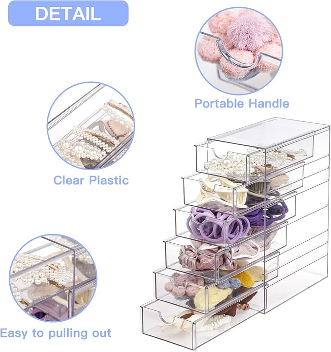 FABROK Clear Hair Accessory Organizer Box with 6 Drawers
