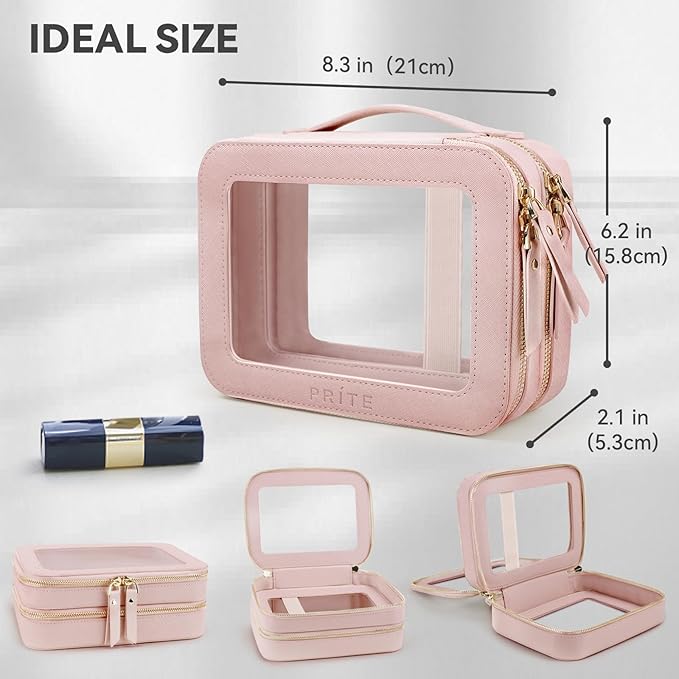 Prite Double Layer Clear Makeup Bag Travel Cosmetic Organizer for Women