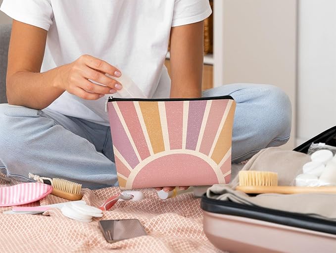 BARPERY Boho Gifts Small Pink Makeup Bag Gifts for Women,Sunshine Boho Cosmetic Bag, Bohemian Makeup Bag Organizer,Christmas Birthday Gifts for Mom Friend Sister Wife Teacher