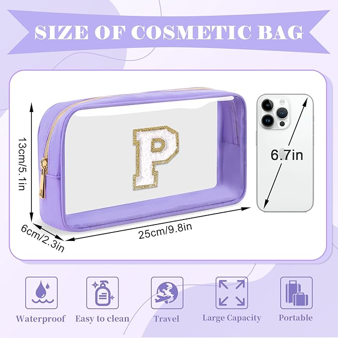 Personalized Initial Letter Clear Makeup Bag,Preppy Small Nylon&PVC Cosmetic Zipper Bag with Chenille Letter,Travel Skincare Toiletry Bag,Monogram Christmas Gift for Teen Girls Women,P