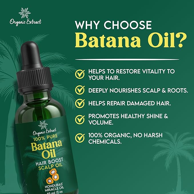 Organic Extract Batana Oil for Hair & Scalp – 2 fl oz / 60ml – Deep Hydration & Frizz Control – Pure & Natural Moisturizing – Lightweight, Nourishing Oil for All Hair Types – For Men & Women