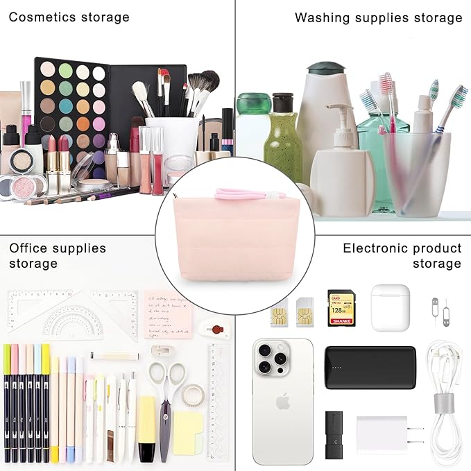 DOB SECHS Quilted Makeup Bag with Handle Detachable Cute Striped Puffy Cotton Cosmetic Bag for Women, Small Puffer Toiletry Zipper Make Up Pouch Clutch Bag Travel Organizer Storage Pouches Case, Pink