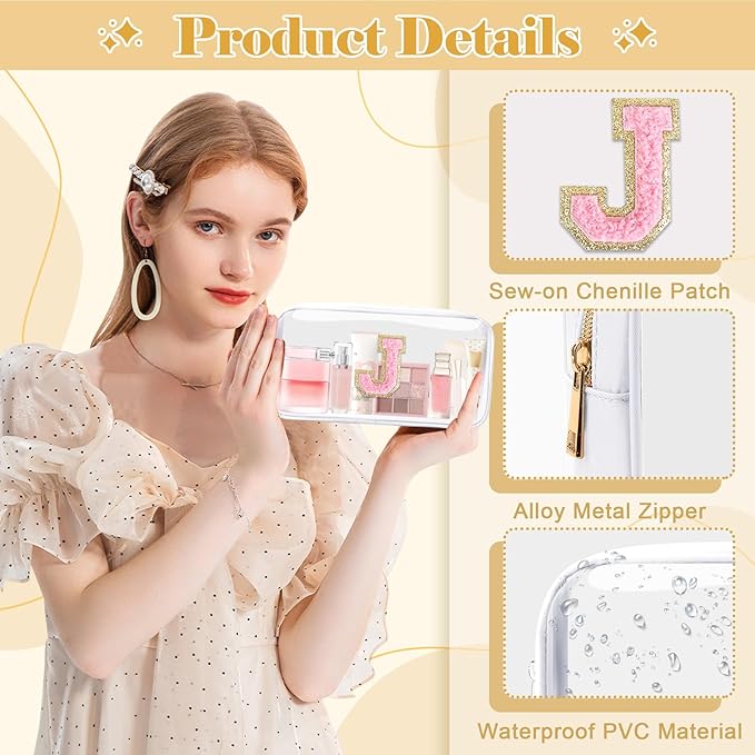 UIXIZQ Personalized Initial Letter Clear Makeup Bag,Preppy Small Nylon&PVC Cosmetic Zipper Bag with Chenille Letter,Travel Skincare Toiletry Bag,Monogram Christmas Gift for Teen Girls Women,J