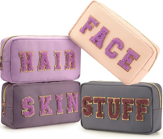 Cunno Preppy Makeup Bags Chenille Letter Stuff Bag Nylon Cosmetic Pouch Cases with Zipper for Women Travel Toiletry(Purple Set,Classic,4 Pcs)