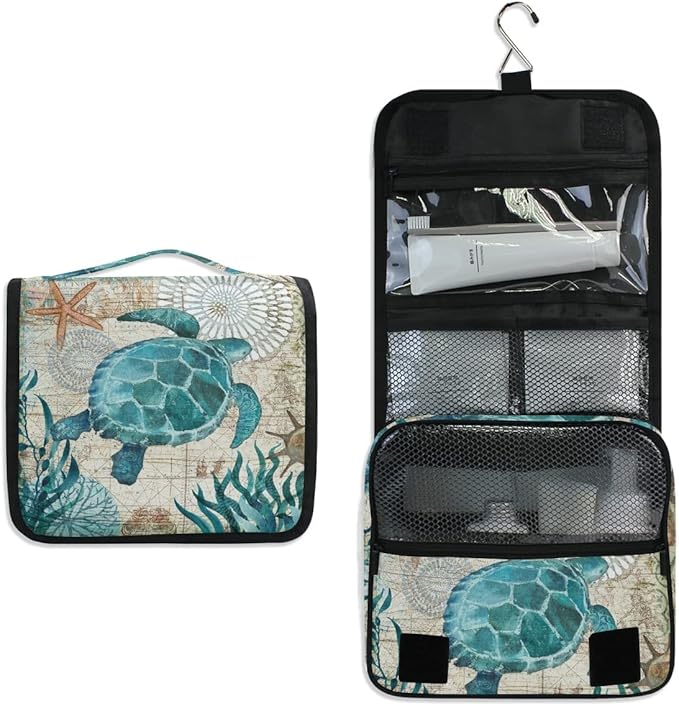 senya Hanging Travel Toiletry Bag Kit Makeup Case Cosmetics Organizer for Men Women (Sea Lives Turtle Coral)