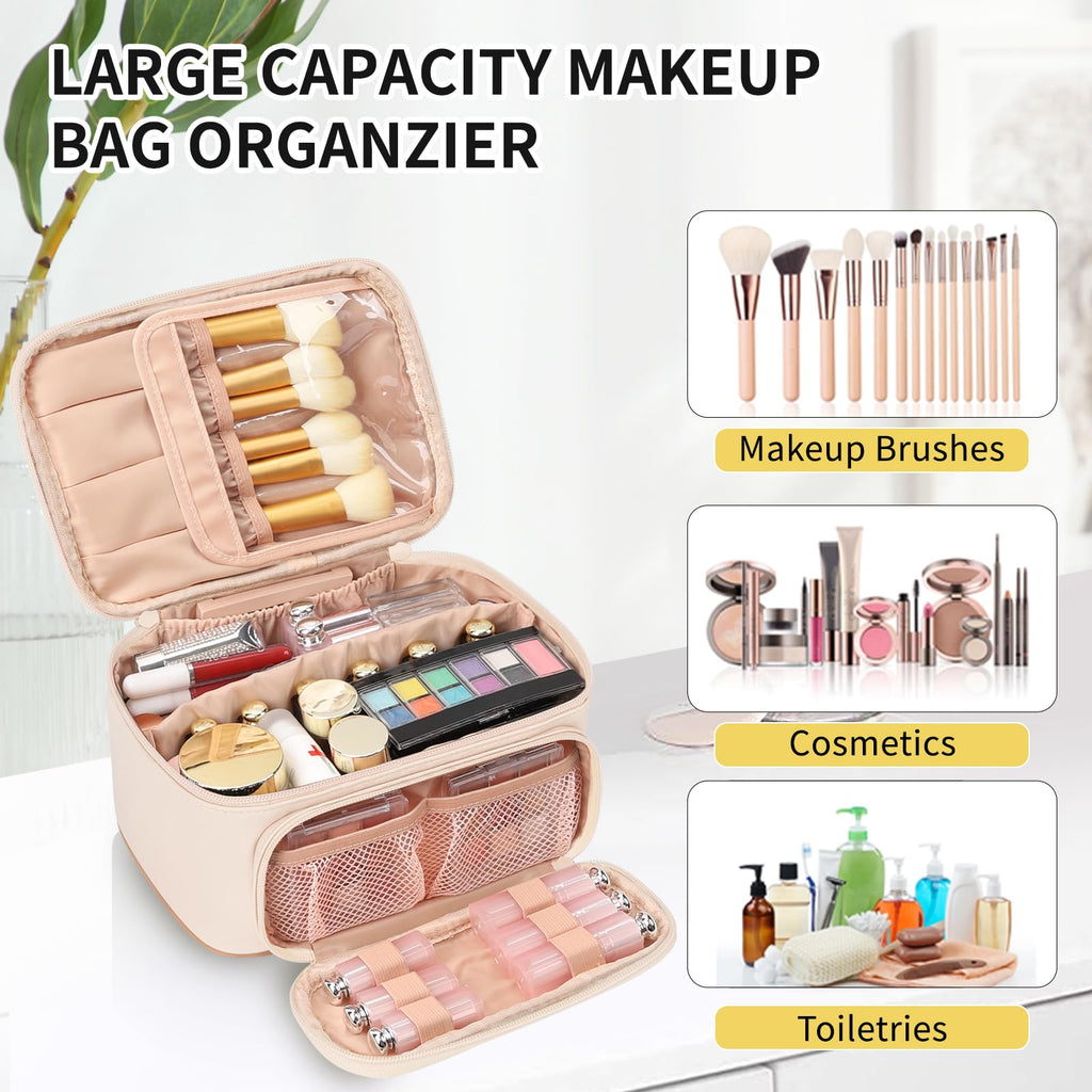 OCHEAL Makeup Bag, Multifunctional Large Cosmetic Organizer Toiletry Brushes Storage Case for Women Girls with Handle Divider - Beige