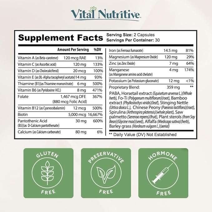 VITAL NUTRITIVE Biotin Hair Growth Vitamins - Hair, Skin & Nails Supplement