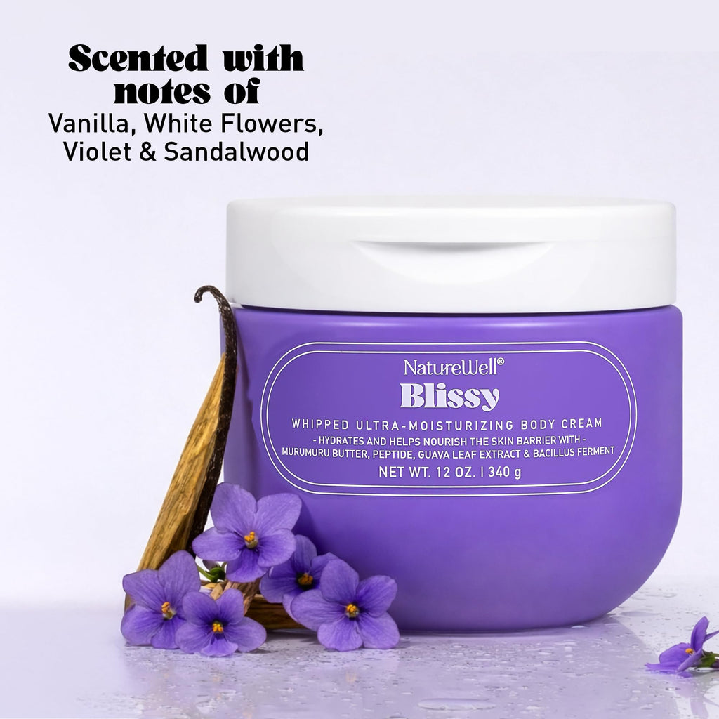 NATURE WELL Blissy Whipped Body Cream, Rich & Ultra-Moisturizing, Quick-Absorbing Formula for Daily Use, Enriched with Antioxidants, Hydrate & Nourishes Skin Barrier, Vanilla & Sandalwood Scent, 12 Oz