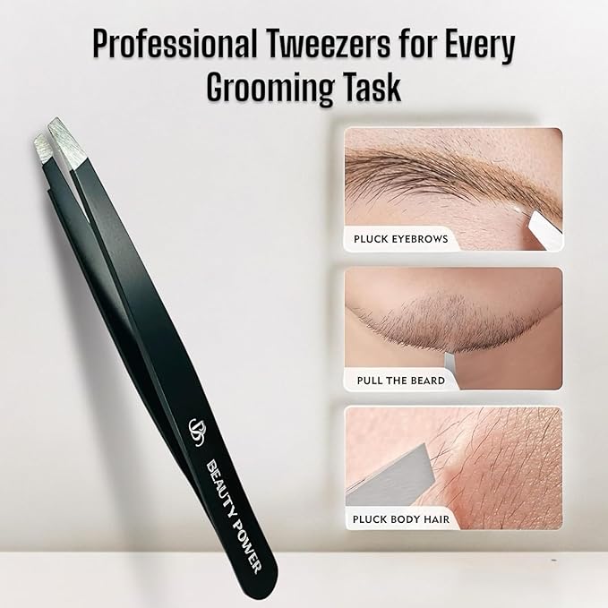 Beauty Power Tweezers for Women Facial Hair. Ultra Precision Tweezers for Women & Men, Sharp Slant Tweezer for Eyebrows, Ingrown Hair Removal. Professional Plucker, German Stainless Steel 3-Pack Black