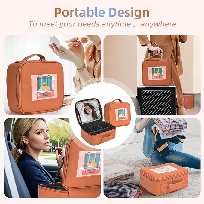 Yaliang Travel Makeup Bag, Portable Makeup Case with LED Mirror, Removable Mirror with 3 Color Modes, 8 Adjustable EVA Dividers for Brushes Toiletry Jewelry Digital Accessories, Tangerine
