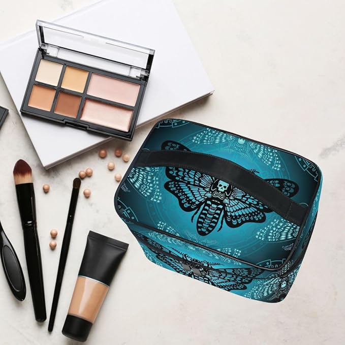 MNSRUU Makeup Bags, Gothic Blue Skull Moth Butterfly Makeup Organizer Bags Toiletry Bag Box Travel Cosmetic Bag Make Up Train Case for Women Teen Girl Ladies