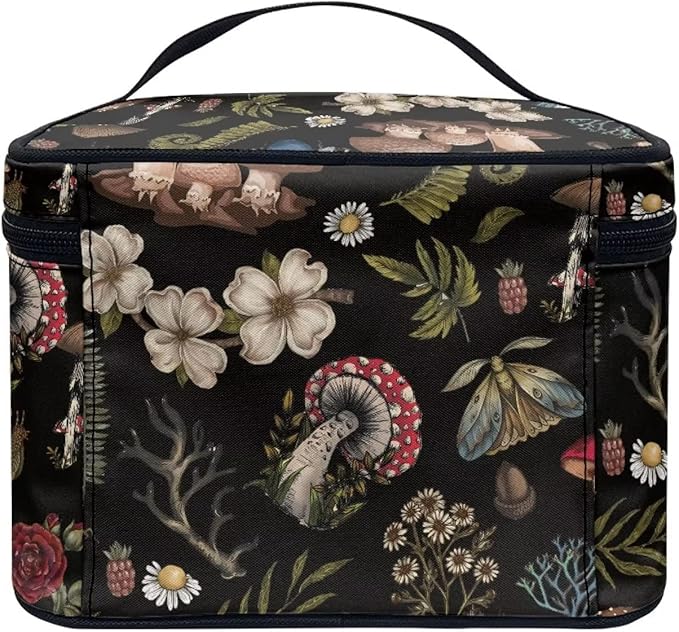 Drydeepin Dark Cottagecore Forest Mystical Moss Mushroom Print Makeup Travel Bag Portable Cosmetic Bags with Handle Travel Accessories Large Toiletry Bags for Traveling Women Organizer and Storage