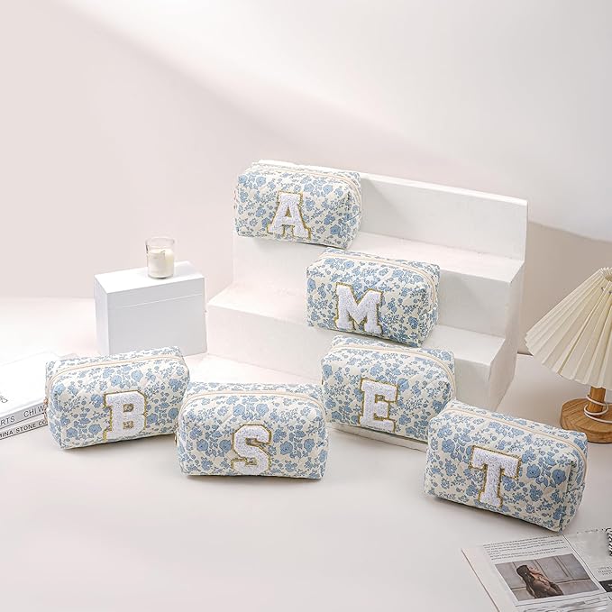 JOVAKIT Alphabet Makeup Bag Cosmetic Bag for Women, Christmas Gifts for Girls Age 6-18, Floral Flowers Coquette Travel Toiletry Zipper Make Up Pouch Organizer Trendy Stuff (Blue Floral F)
