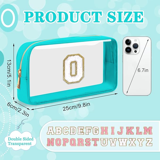 Small Clear Personalized Initial Makeup Bag, Preppy Nylon A-Z Chenille Letter Patch Makeup Organizer TSA Approved Travel Toiletry Bag,Waterproof Zip Beach Cosmetic Pouch Purse for Women(Cyan-White O)