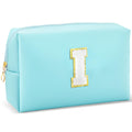 URSKYTOUS Gifts for Girls Initial Makeup Bag Personalized Cosmetic Bag with Zipper Cute Travel Toiletry Bag Waterproof PU Preppy Makeup Pouch Birthday Gift for Teen Girls Women(Blue I)