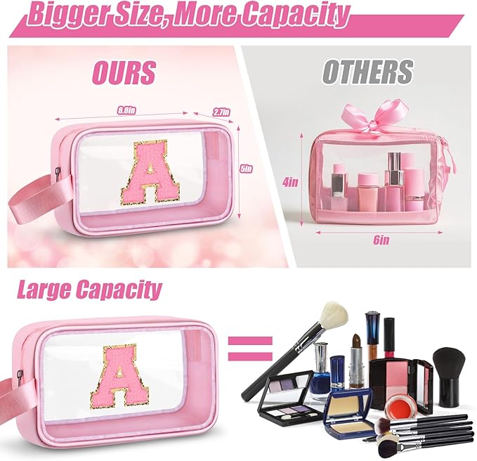 Vodolo Initial Makeup Bag,Letter A Cute Clear Monogrammed Cosmetic Travel Bag for Womens Girls,Personalized Pink Aesthetic Traveling Make Up Organizer Bag for Beach,Waterproof Toiletry Bag