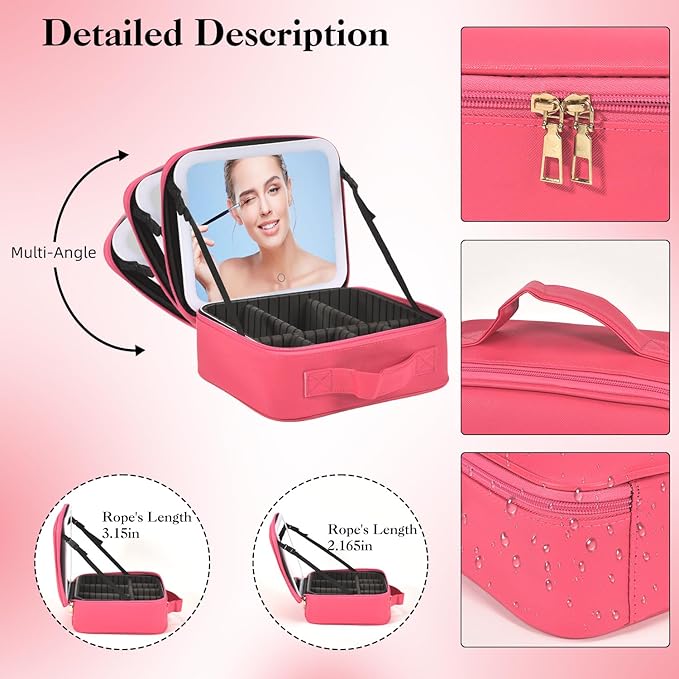 Yaliang Travel Makeup Bag with Mirror & 6 Adjustable EVA Dividers, Rose Red
