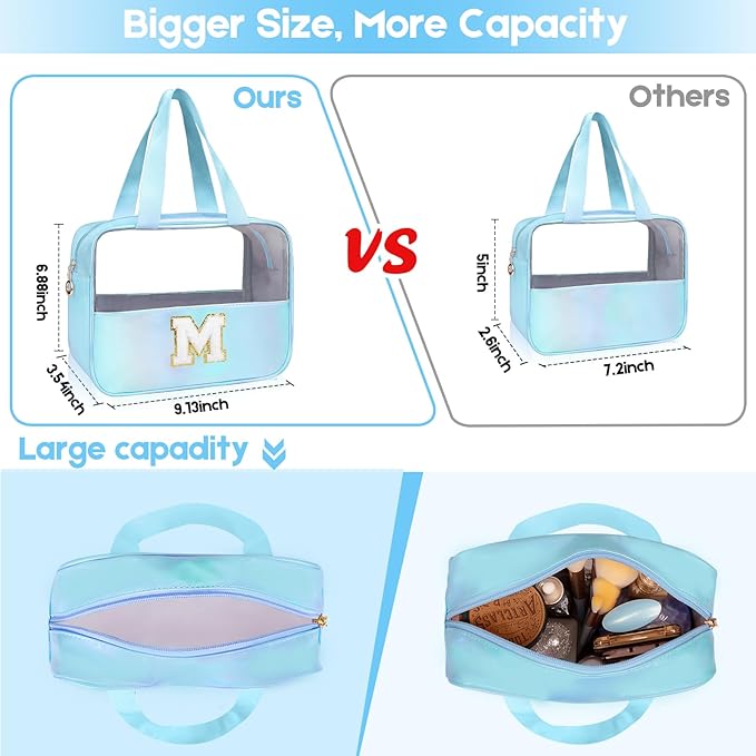 Junesters Personalized Initial K Clear Blue Makeup Bag - Large Travel Toiletry Bag, Cute Cosmetic Organizer Set for Girlfriend, Teacher, Teen Girl Gifts