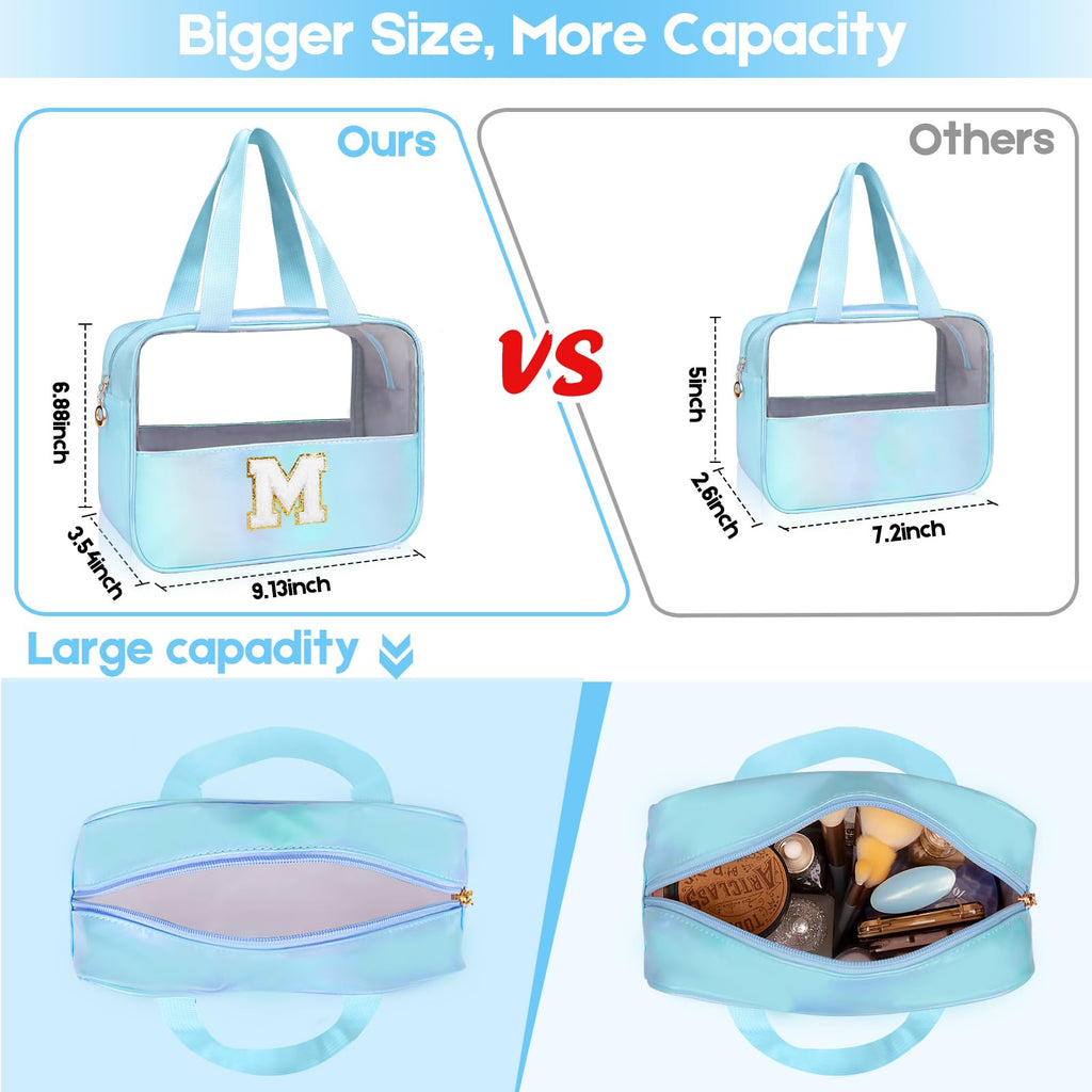 Junesters Personalized Initial K Clear Blue Makeup Bag - Large Travel Toiletry Bag, Cute Cosmetic Organizer Set for Girlfriend, Teacher, Teen Girl Gifts