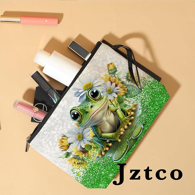Cute Frog Makeup Bag Frog Gifts Frog Themed Gifts for Women Animal Lover Her Mom Wife Best Friend Aunt Niece BFF Toiletry Bag Mothers Day Graduation Birthday Gifts Daisy Flower Cosmetic Bag