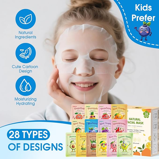 KONEUK 28 Pack Fruit Face Masks Skincare for Kids Girls, Sheet Face Mask
