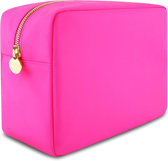 Large Pink Makeup Bag – Nylon Cosmetic Pouch, Travel Makeup Organizer Case, Spacious Makeup Bag for Toiletries, Beauty Essentials & Cosmetics