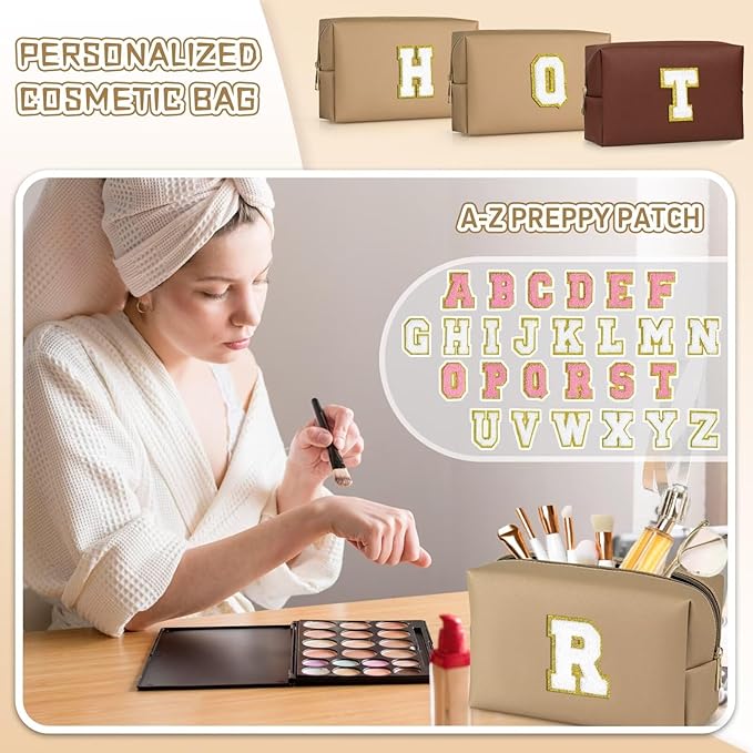 TOPEAST Cosmetic Travel Bags for Women, Preppy Small Makeup Bag, PU Leather Waterproof Toiletry Bag, Unique Friendship Gifts for Friends Coworker, Cute Stuff for Girls (Khaki R)