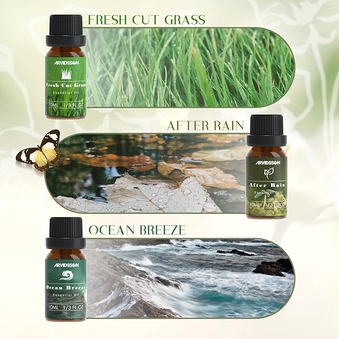 ARVIDSSON Spring Essential Oils Set, Natural Fragrance Oil for Diffuser - After Rain, Ocean Breeze, Fresh Cut Grass, Gardenia, Sweet Pea, Rose Sandalwood, Spring Scented Oil Gift Set