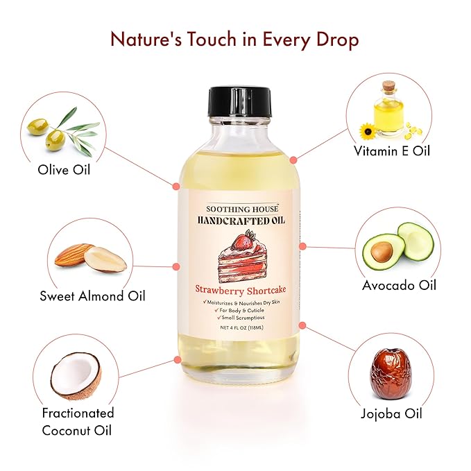 Soothing House Strawberry Shortcake Body Oil: Moisturizing Body Oil for Soft, Glowing Skin with Almond & Jojoba Oil (4 fl oz)